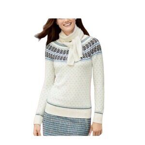 Talbots Wood Blend Nordic Fair Isle Pattern Sweater Blue & White Knit Size 1XP